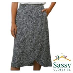 American Eagle Wrap Maxi Skirt Black/White Print Tulip Hem Sz L, EUC